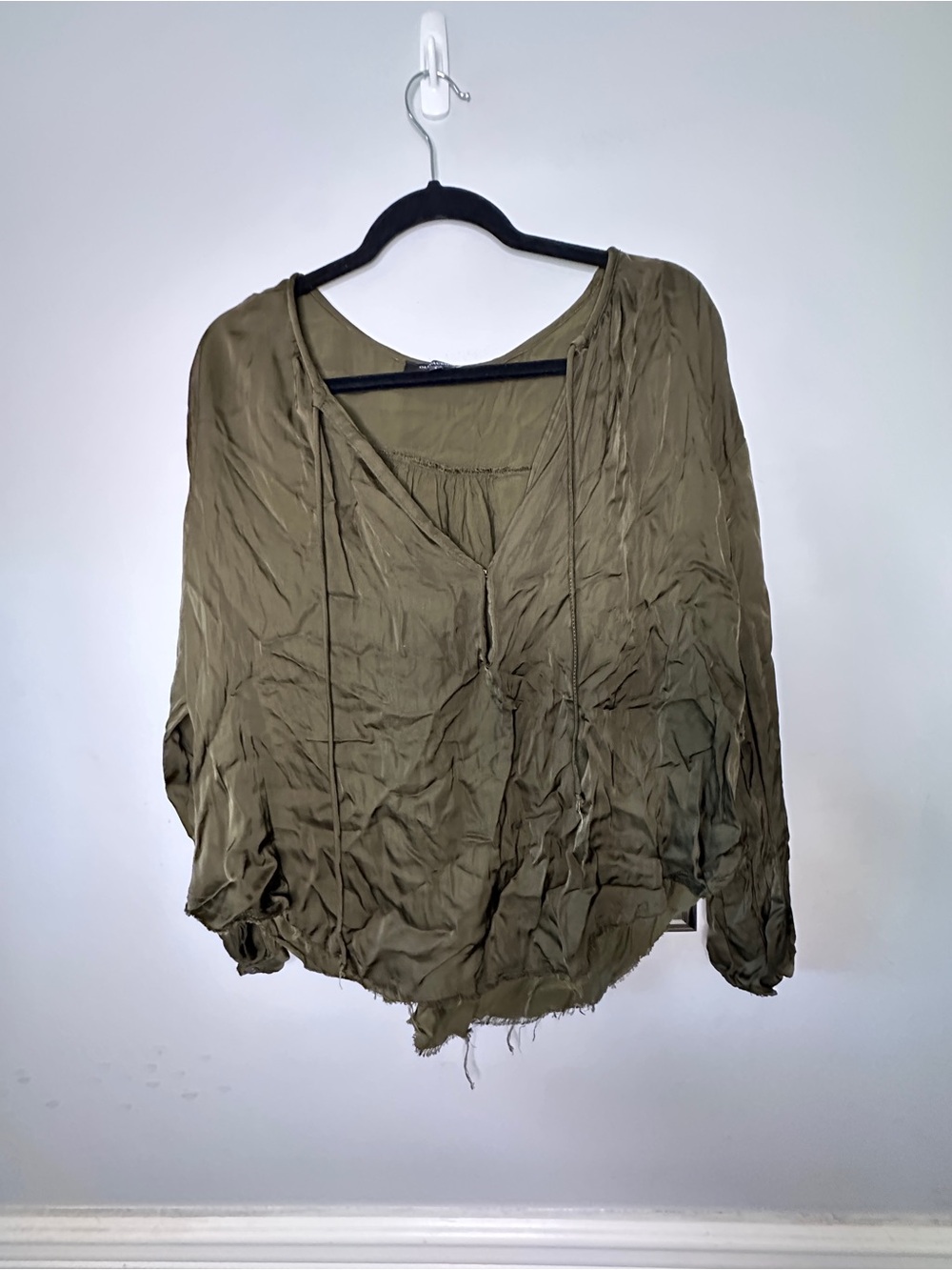 Olivaceous Olive Green V-Neck Tie-Front Blouse
